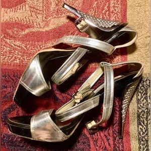 “Jimmy Choo” silver studded platform high heels